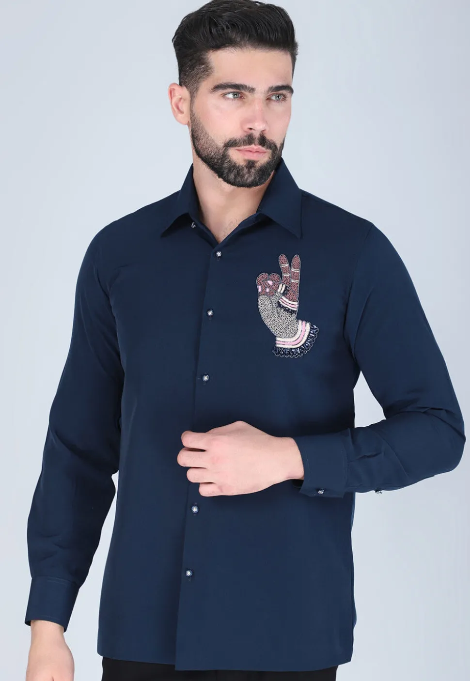 Hand Embroidered Polyester Shirt in Navy Blue