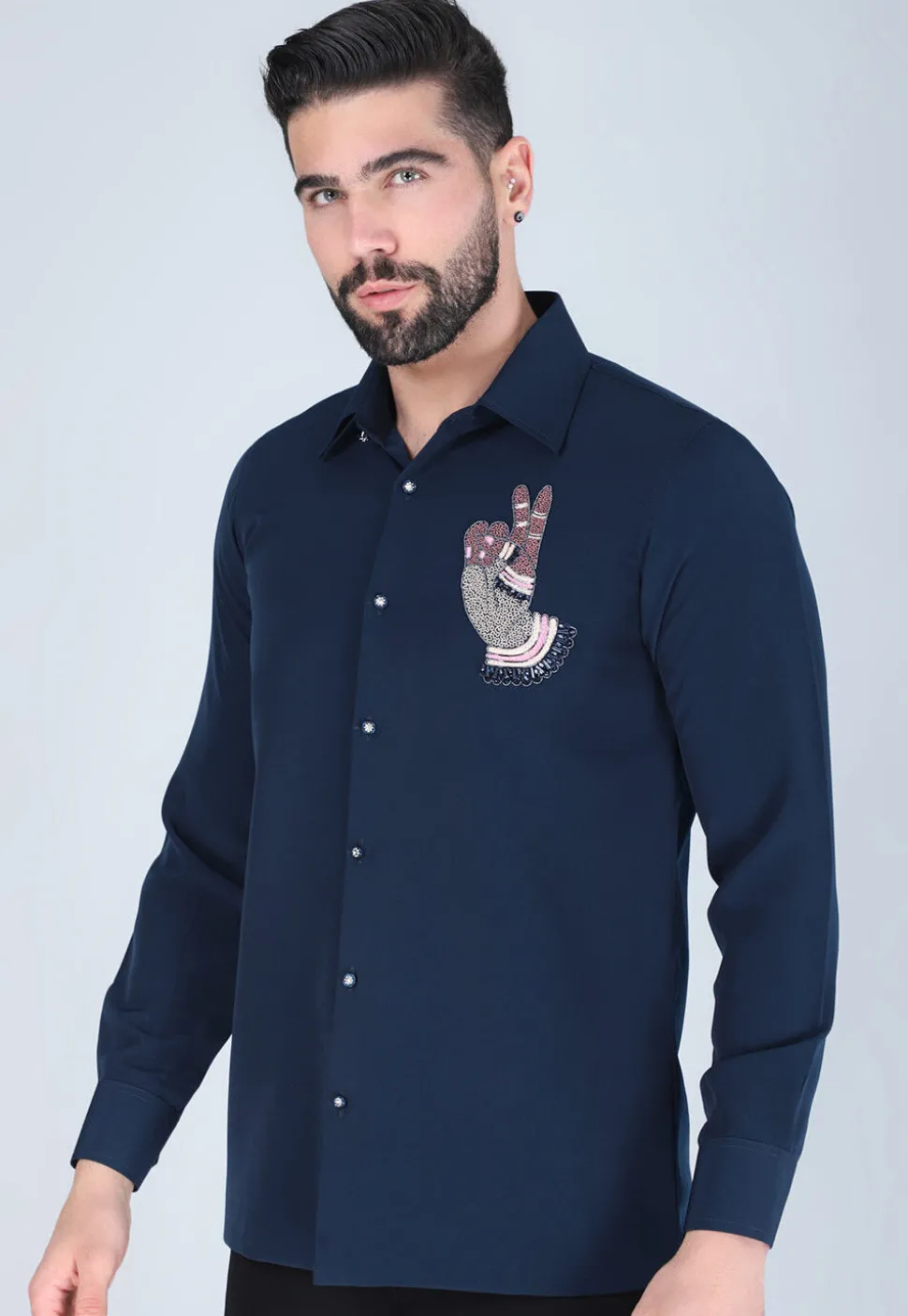 Hand Embroidered Polyester Shirt in Navy Blue