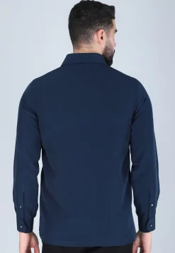 Hand Embroidered Polyester Shirt in Navy Blue