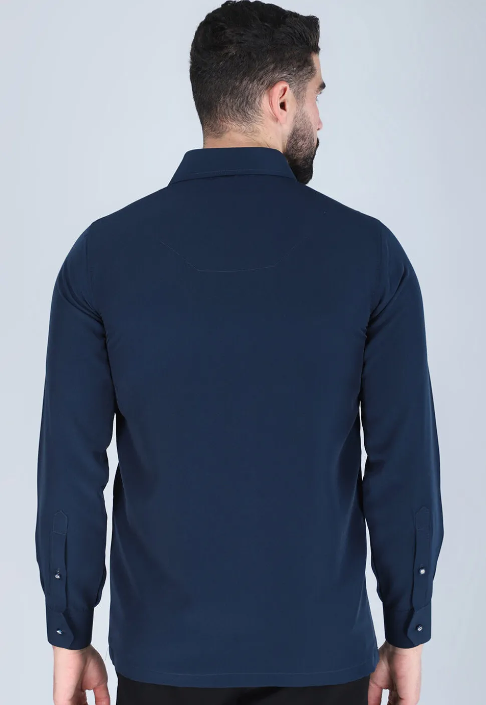 Hand Embroidered Polyester Shirt in Navy Blue