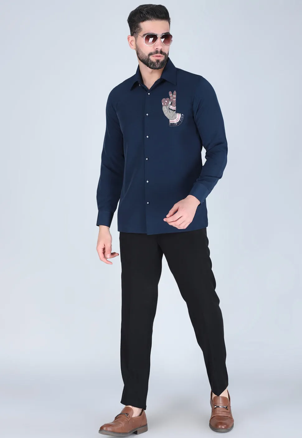 Hand Embroidered Polyester Shirt in Navy Blue