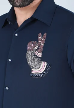 Hand Embroidered Polyester Shirt in Navy Blue