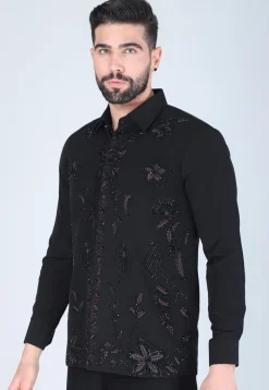 Hand Embroidered Polyester Shirt in Black