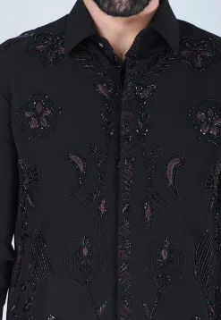 Hand Embroidered Polyester Shirt in Black