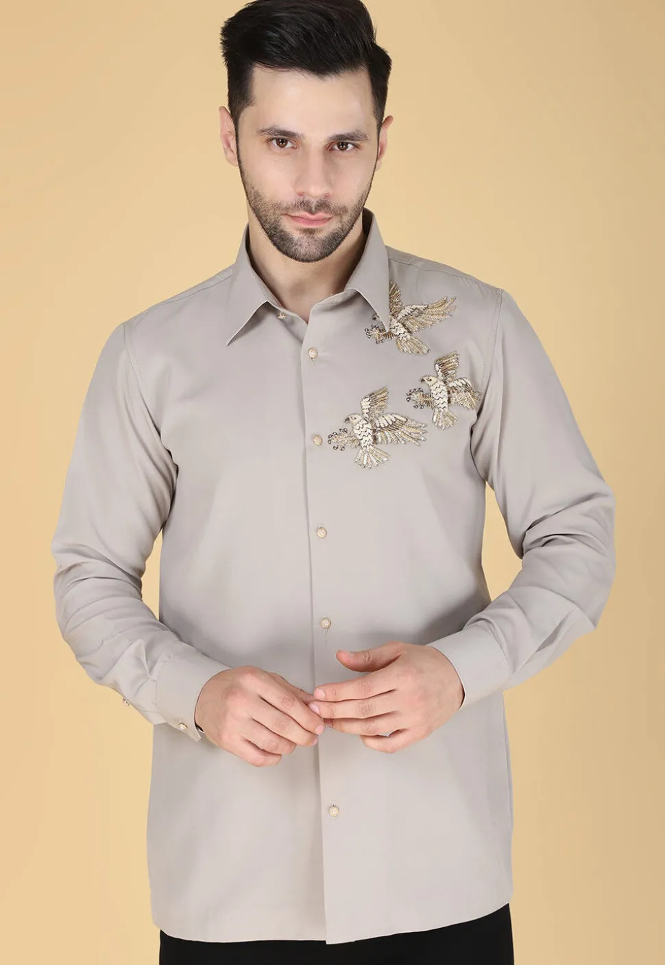 Hand Embroidered Polyester Shirt in Light Grey
