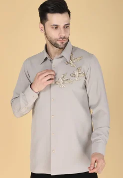 Hand Embroidered Polyester Shirt in Light Grey