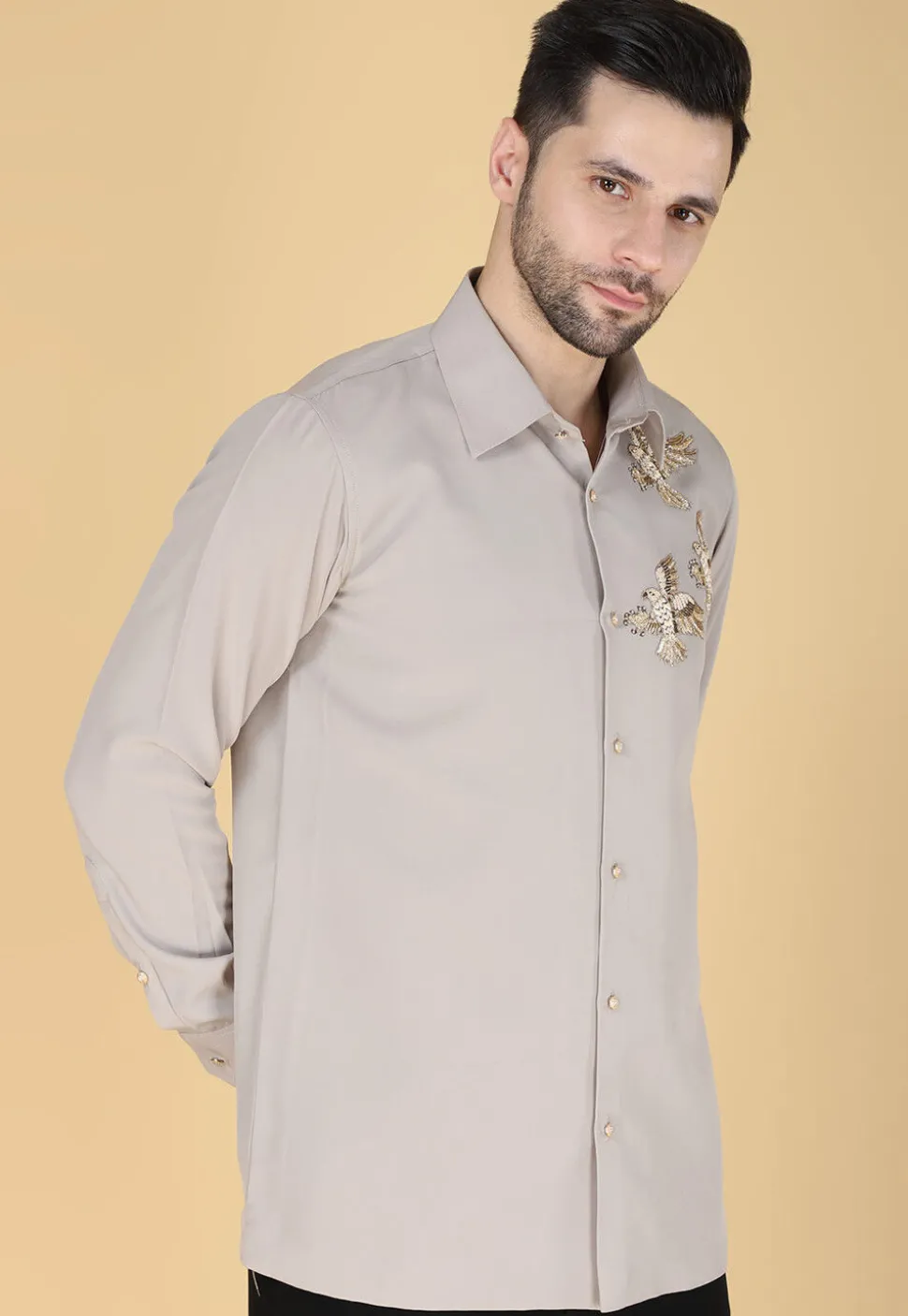 Hand Embroidered Polyester Shirt in Light Grey