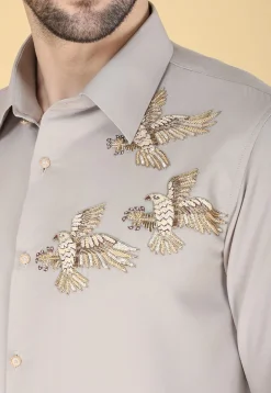 Hand Embroidered Polyester Shirt in Light Grey