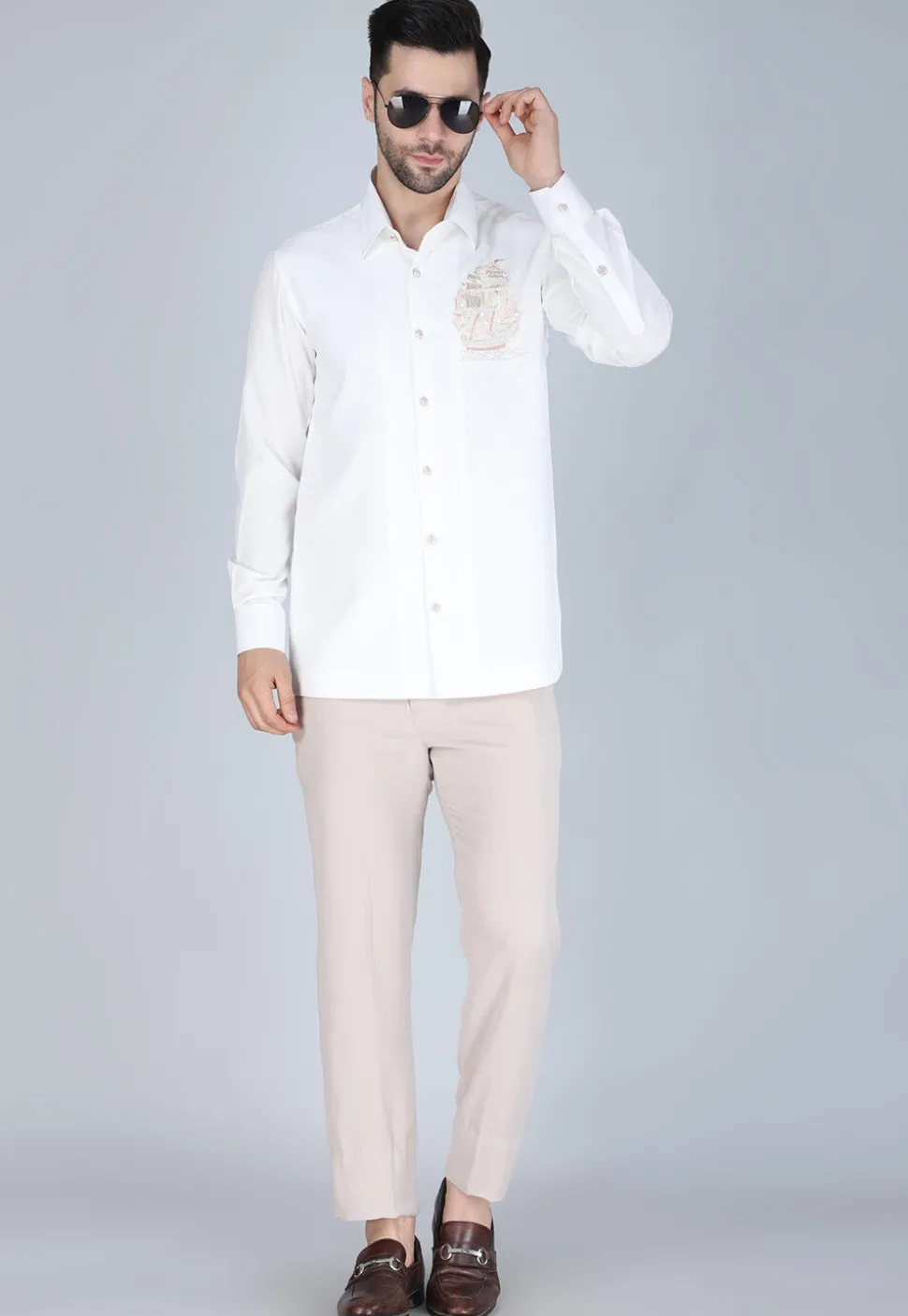 Hand Embroidered Polyester Shirt in White