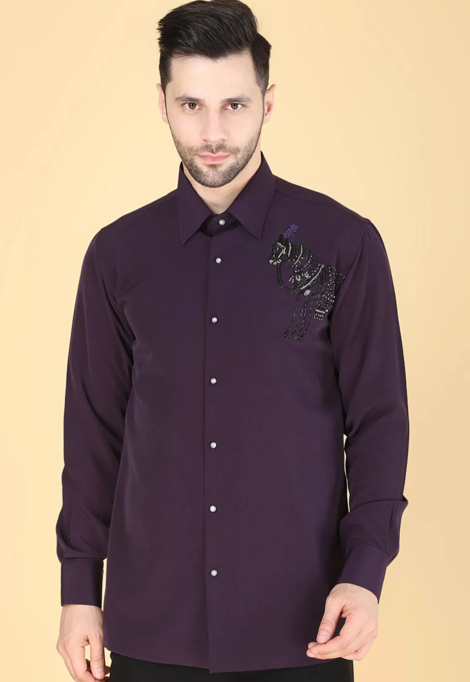 Hand Embroidered Polyester Shirt in Violet