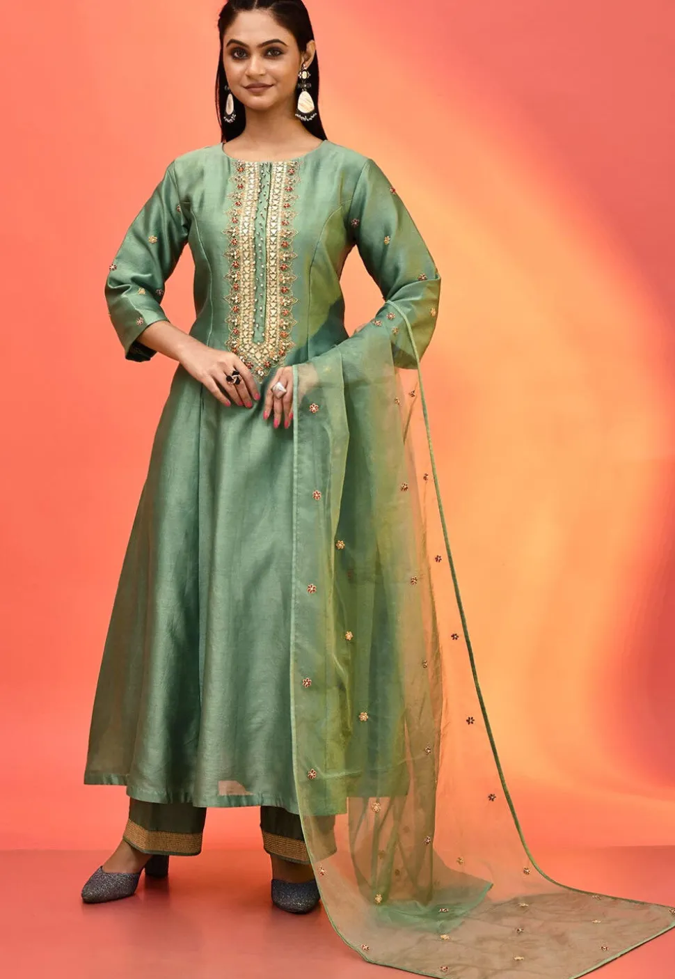 Hand Embroidered Pure Chanderi Silk Anarkali Suit in Olive Green
