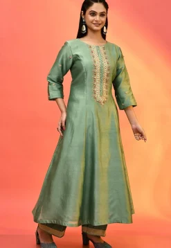Hand Embroidered Pure Chanderi Silk Anarkali Suit in Olive Green