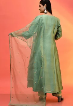 Hand Embroidered Pure Chanderi Silk Anarkali Suit in Olive Green