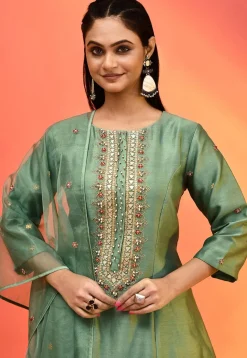 Hand Embroidered Pure Chanderi Silk Anarkali Suit in Olive Green