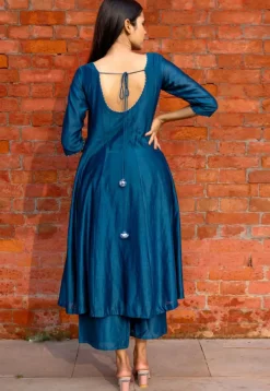 Hand Embroidered Pure Chanderi Silk Anarkali Suit in Dark Teal Blue