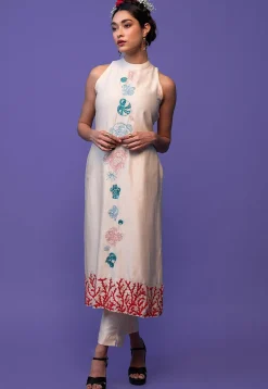 Hand Embroidered Pure Chanderi Silk Pakistani Suit in Off White