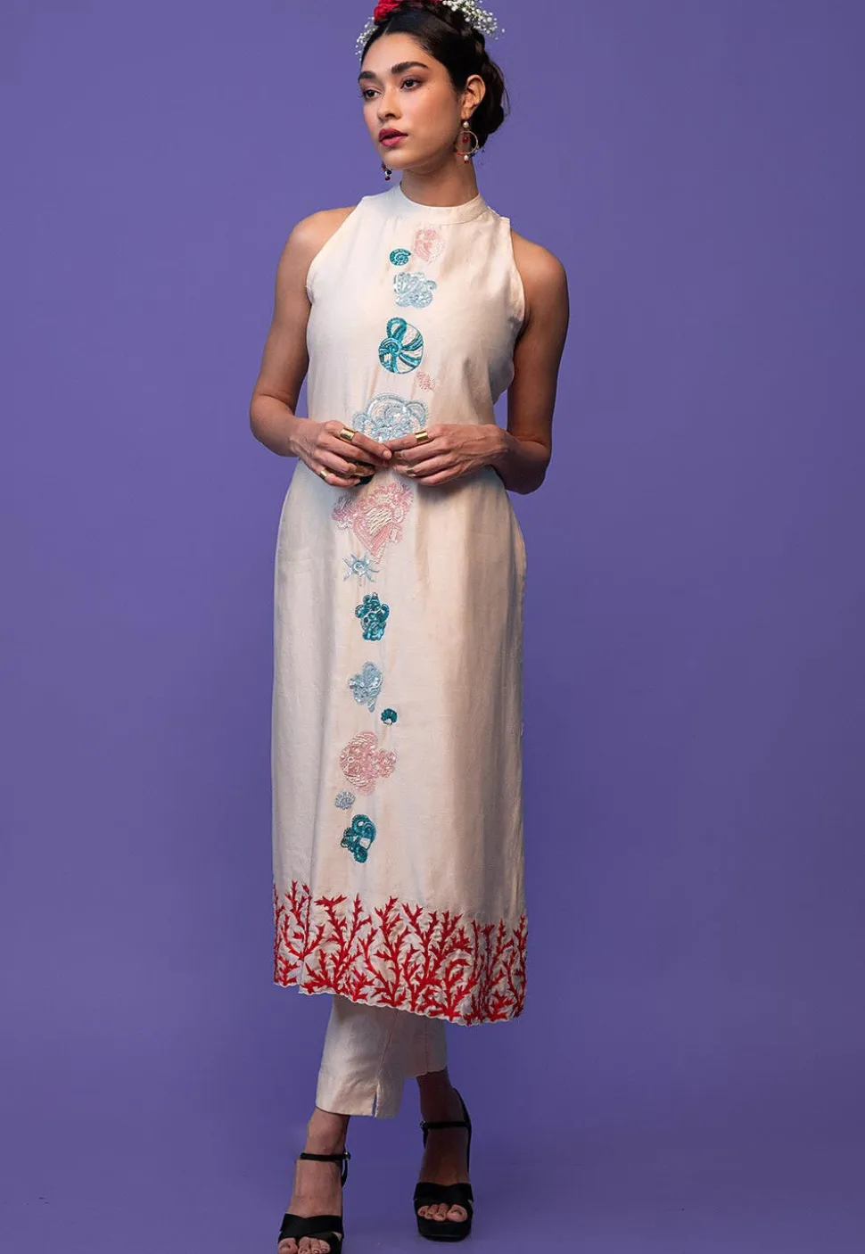 Hand Embroidered Pure Chanderi Silk Pakistani Suit in Off White