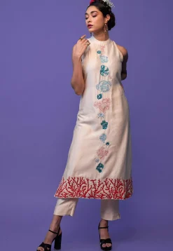 Hand Embroidered Pure Chanderi Silk Pakistani Suit in Off White