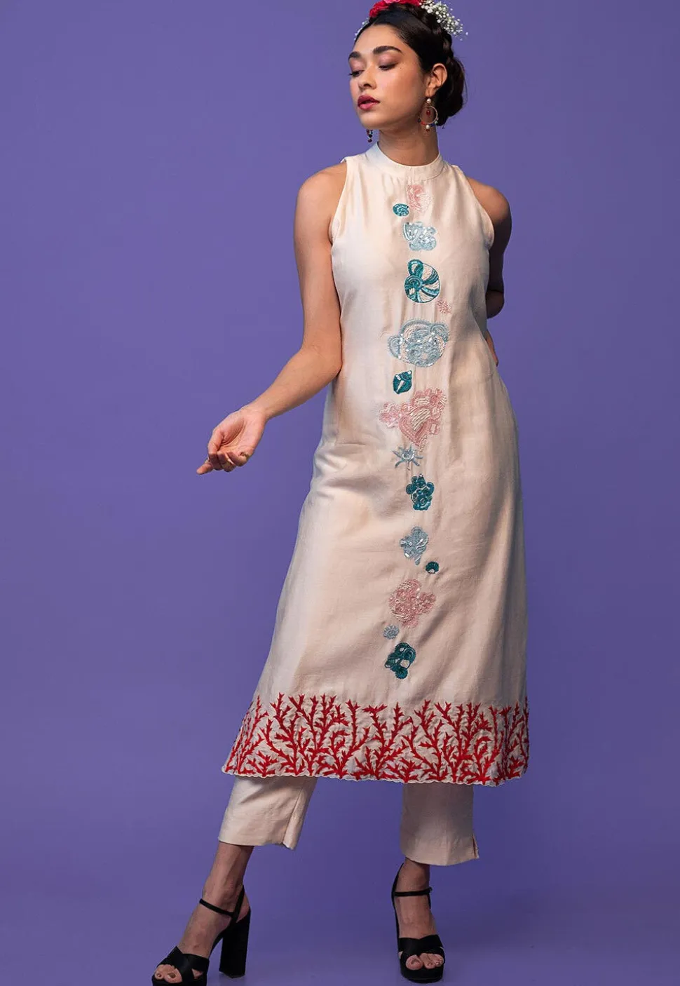 Hand Embroidered Pure Chanderi Silk Pakistani Suit in Off White