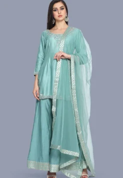 Hand Embroidered Pure Chanderi Silk Pakistani Suit in Light Blue