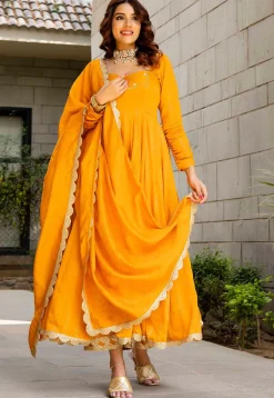 Hand Embroidered Pure Chanderi Silk Jacquard Anarkali Suit in Mustard