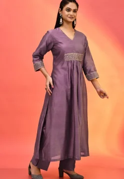 Hand Embroidered Pure Chanderi Silk Pakistani Suit in Purple