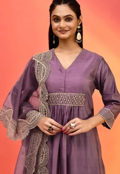 Hand Embroidered Pure Chanderi Silk Pakistani Suit in Purple