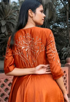 Hand Embroidered Pure Chanderi Silk Aline Suit in Rust