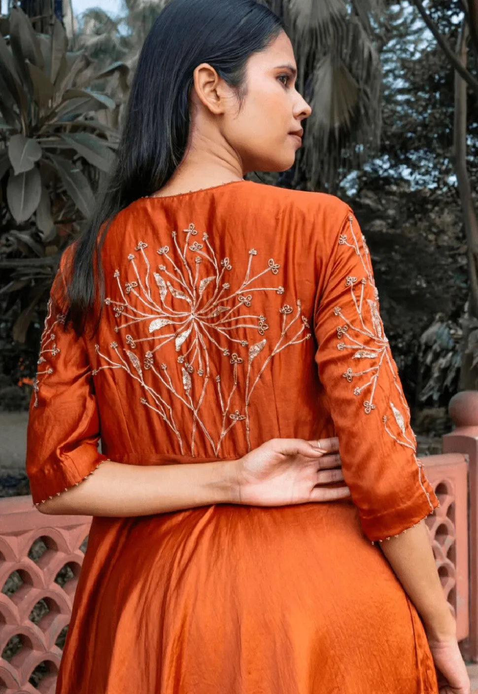 Hand Embroidered Pure Chanderi Silk Aline Suit in Rust