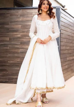 Hand Embroidered Pure Chanderi Silk Jacquard Anarkali Suit in Off White