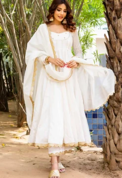Hand Embroidered Pure Chanderi Silk Jacquard Anarkali Suit in Off White