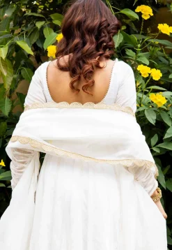 Hand Embroidered Pure Chanderi Silk Jacquard Anarkali Suit in Off White