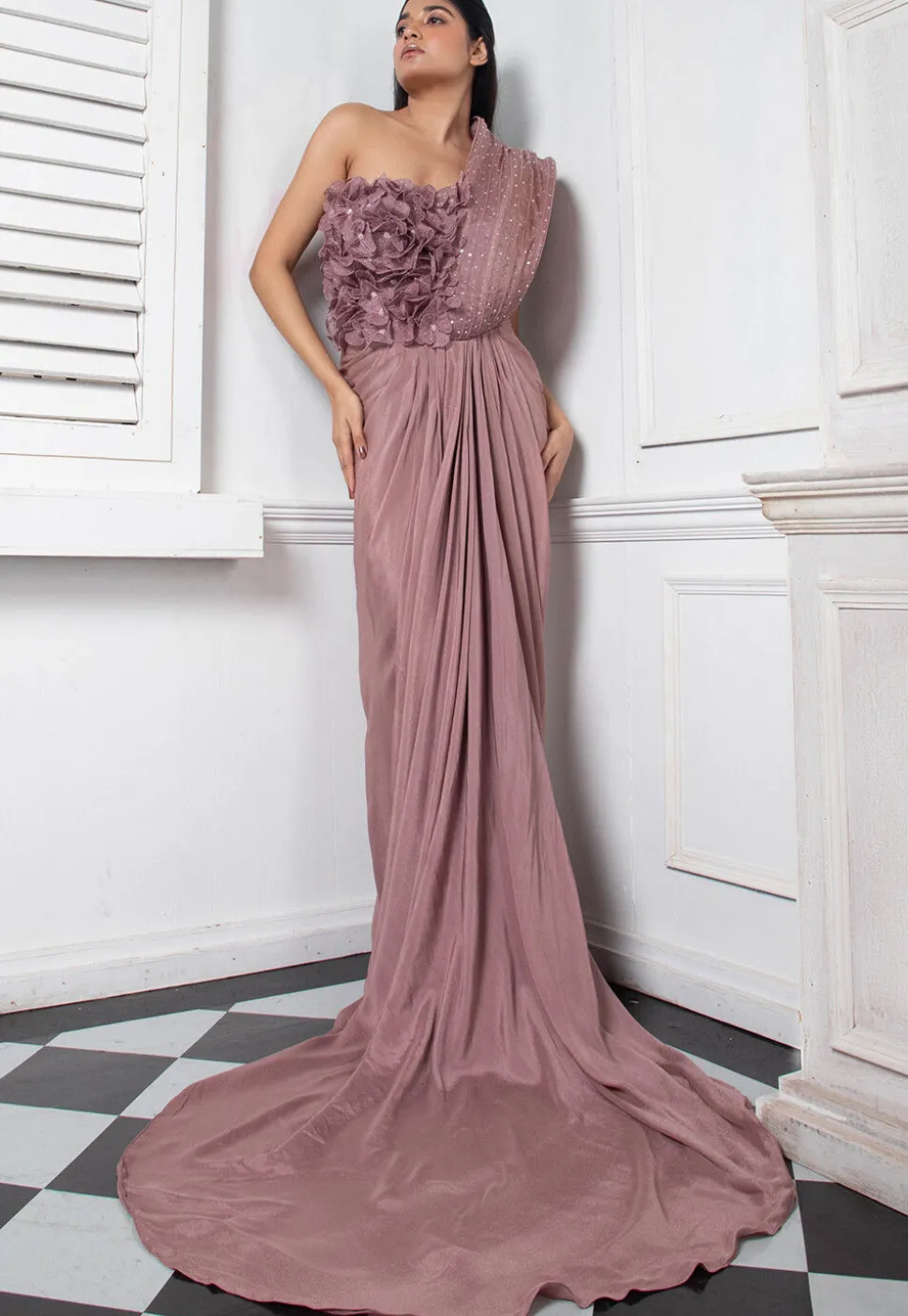 Hand Embroidered Pure Chinon Chiffon Drape Gown in Old Rose