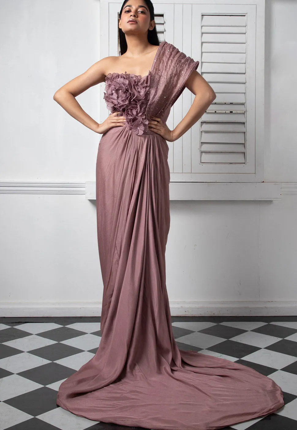 Hand Embroidered Pure Chinon Chiffon Drape Gown in Old Rose