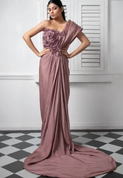 Hand Embroidered Pure Chinon Chiffon Drape Gown in Old Rose