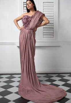 Hand Embroidered Pure Chinon Chiffon Drape Gown in Old Rose