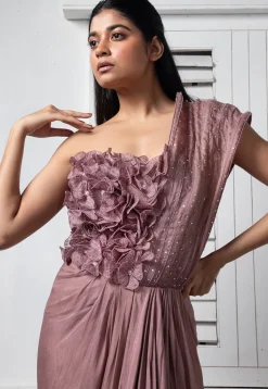 Hand Embroidered Pure Chinon Chiffon Drape Gown in Old Rose