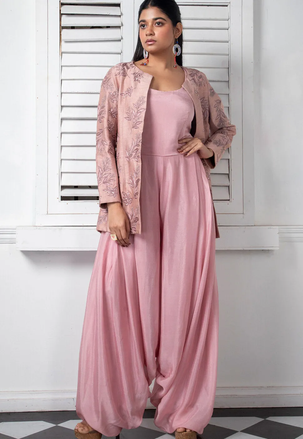 Hand Embroidered Pure Chinon Chiffon Jumpsuit in Light Pink