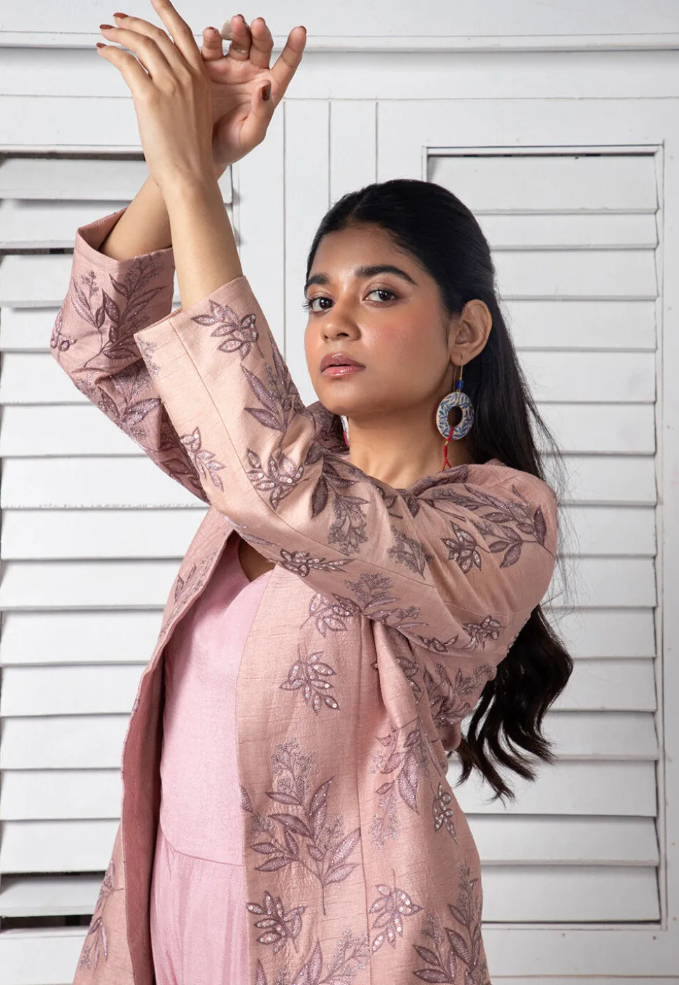 Hand Embroidered Pure Chinon Chiffon Jumpsuit in Light Pink