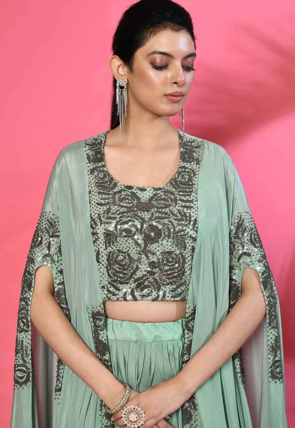 Hand Embroidered Pure Crepe High Low Crop Top Set in Sea Green
