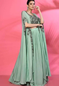 Hand Embroidered Pure Crepe High Low Crop Top Set in Sea Green