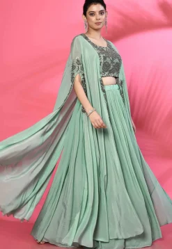 Hand Embroidered Pure Crepe High Low Crop Top Set in Sea Green