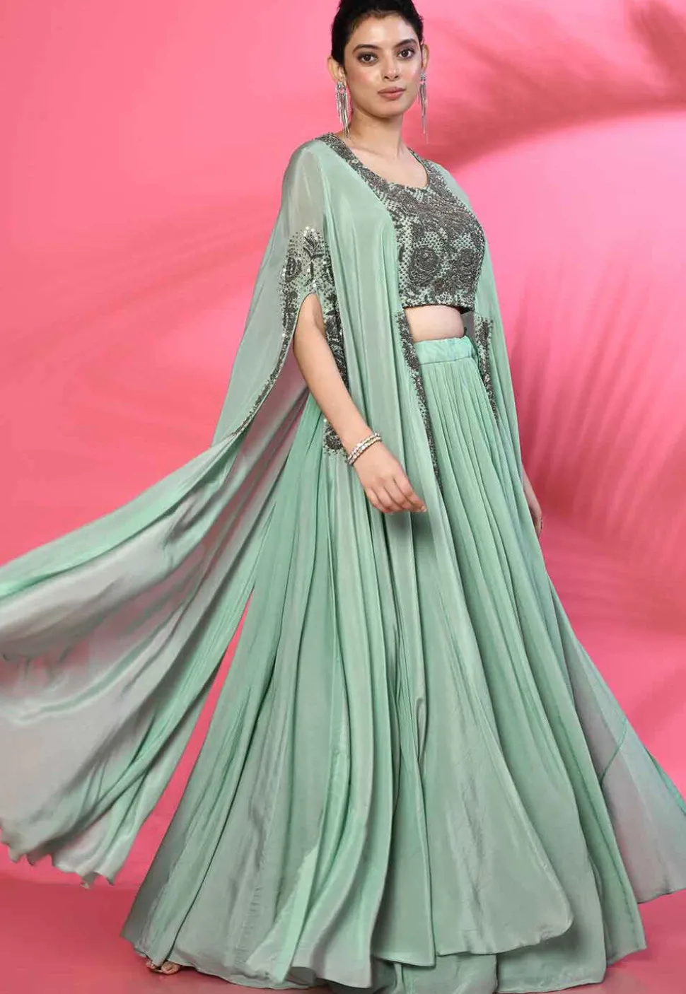 Hand Embroidered Pure Crepe High Low Crop Top Set in Sea Green