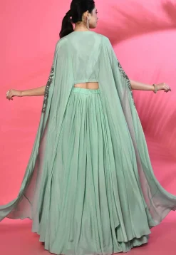 Hand Embroidered Pure Crepe High Low Crop Top Set in Sea Green