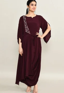 Hand Embroidered Pure Crepe Cowl Dress in Wine