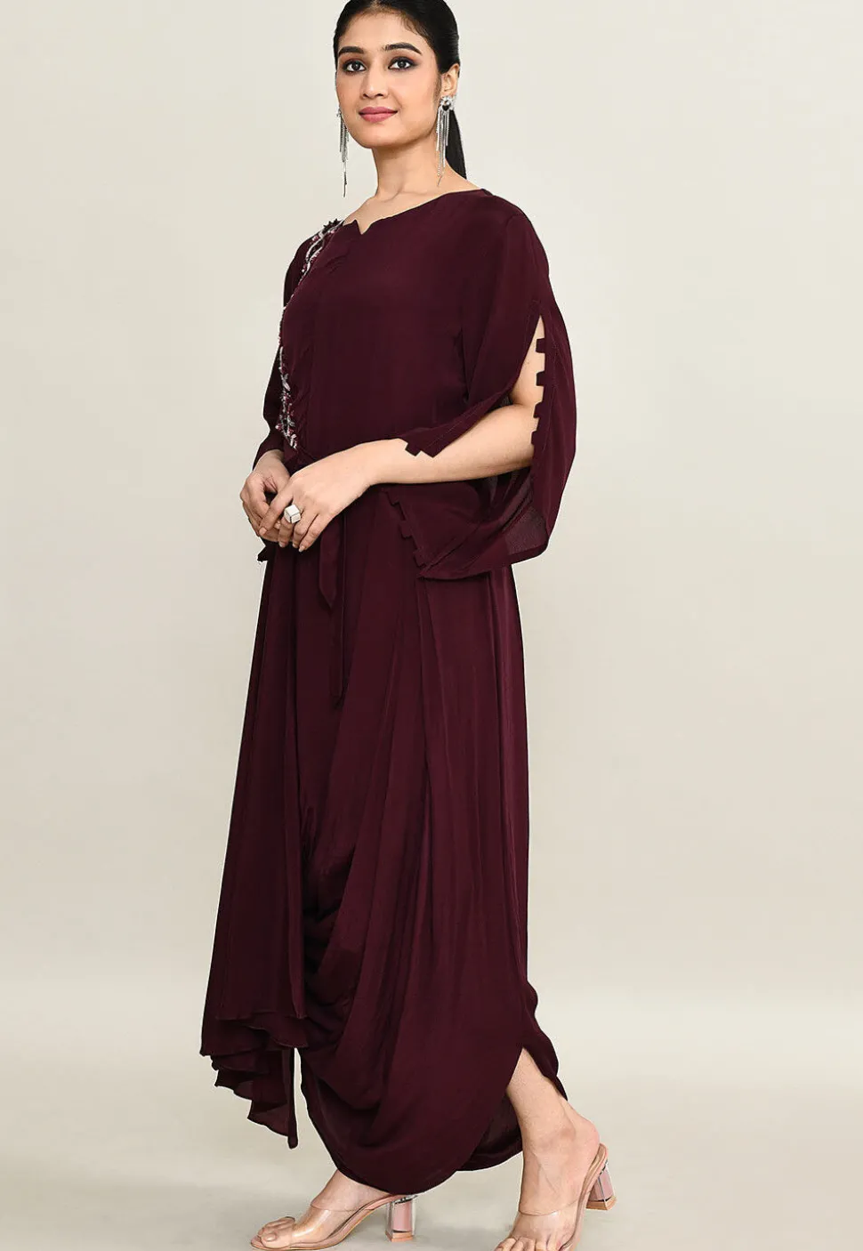 Hand Embroidered Pure Crepe Cowl Dress in Wine