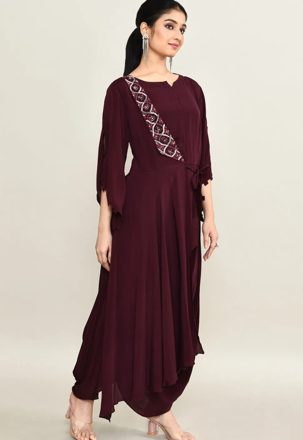 Hand Embroidered Pure Crepe Cowl Dress in Wine