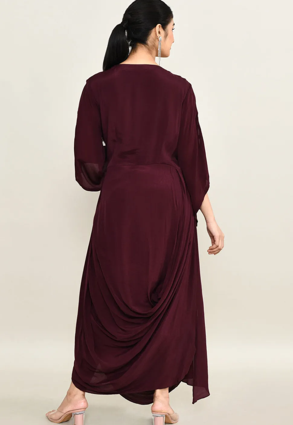 Hand Embroidered Pure Crepe Cowl Dress in Wine