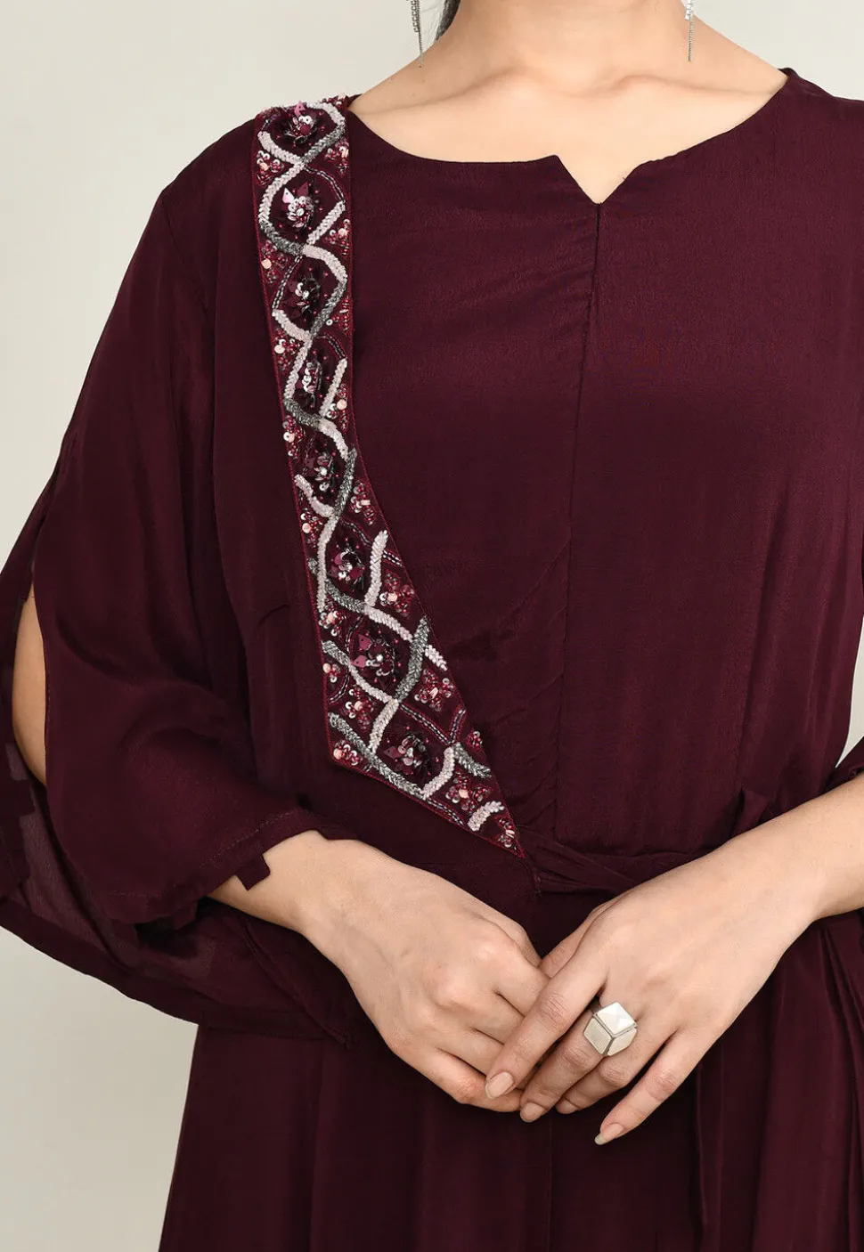 Hand Embroidered Pure Crepe Cowl Dress in Wine