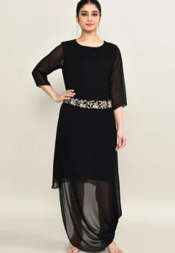 Hand Embroidered Pure Georgette Cowl Dress in Black